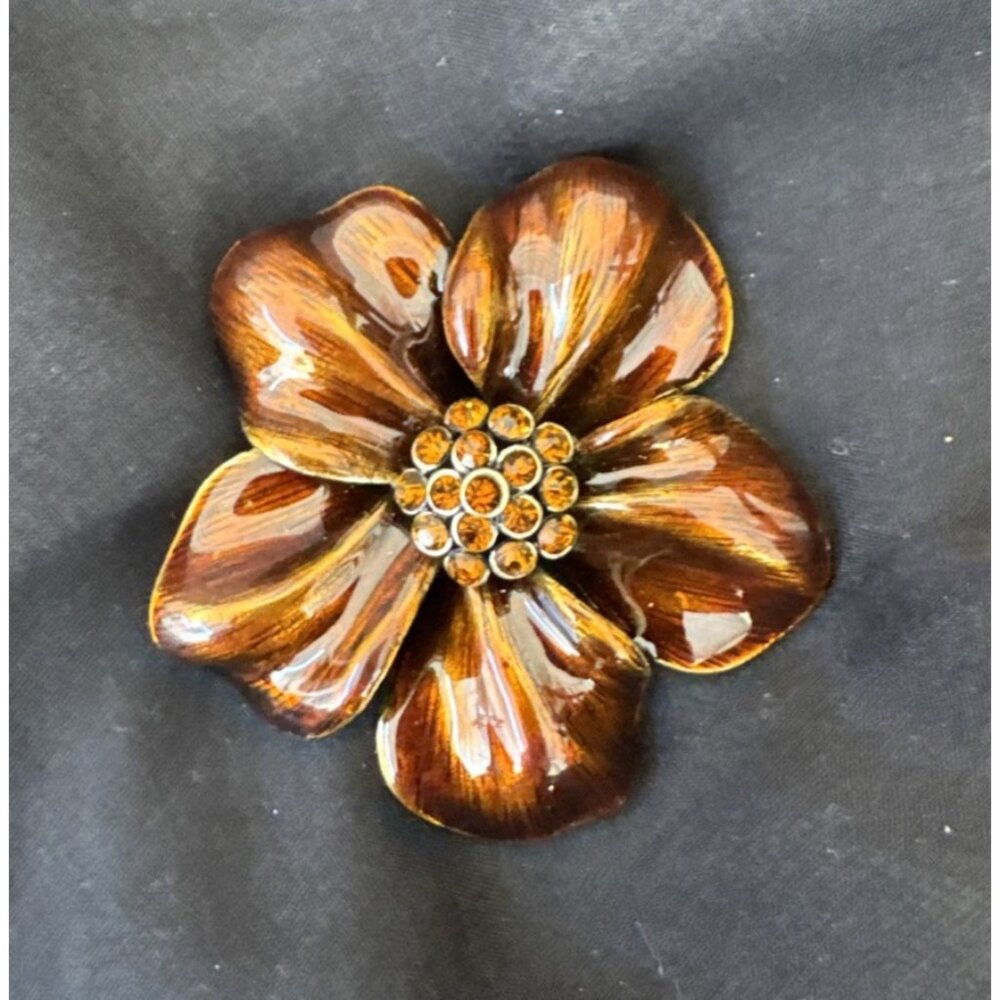 Cara New York Brooch Steampunk Bronze Flower Rhinestone Center NEW
